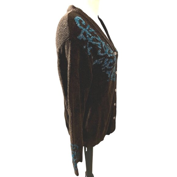 Vintage V Neck Sparkly Cardigan by Gantos Sz Medium Brown & Blue Glittery - Picture 9 of 10